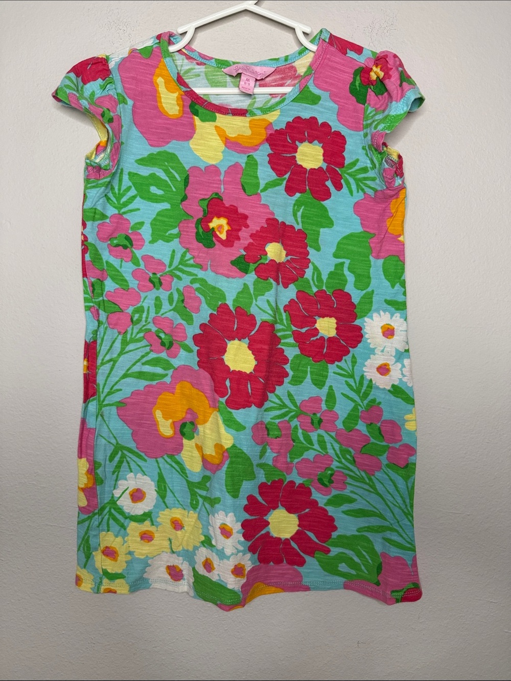 Lilly Pulitzer Girls "Sprout Out" Aqua Pink Floral Knit Dress Size M - [921]